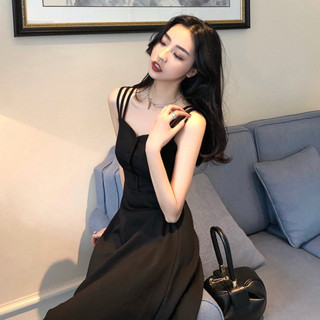 時尚女款洋裝 吊帶裙夏季黑裙僊女吊帶連衣裙性感黑色氣質長款赫本黑裙中長裙女