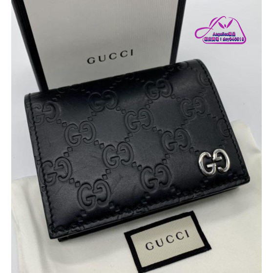 SG二手-GUCCI(古馳) 黑色Gucci Signature雙G壓紋皮革 短款皮夾錢包 522869