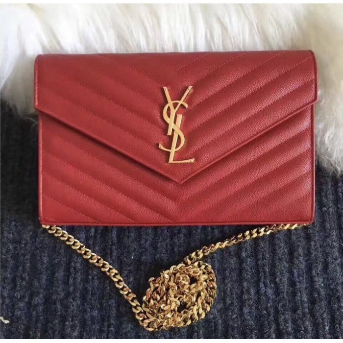 YSL Saint Laurent woc 全新 紅色 金鍊 基本款 荔枝皮 大款 鍊帶肩背包 牛皮