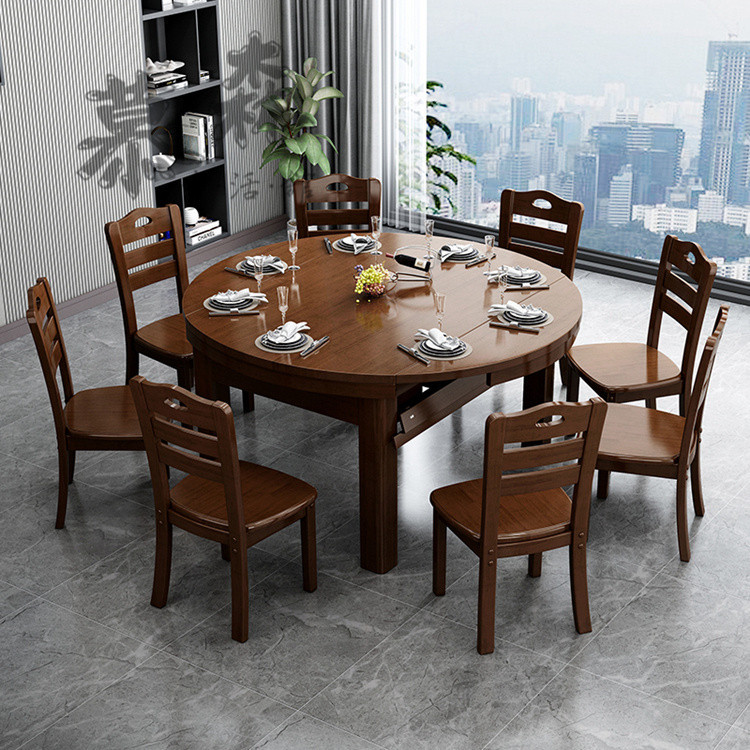 含運現代簡約全實木變圓餐桌傢用小戶型長方形飯桌子可伸縮折疊10人G2