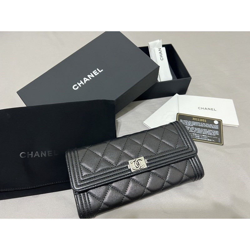 二手精品 CHANEL 香奈兒 boy 黑色荔枝紋牛皮 金扣 翻蓋長款錢包/手拿包/皮夾/長夾 A80286