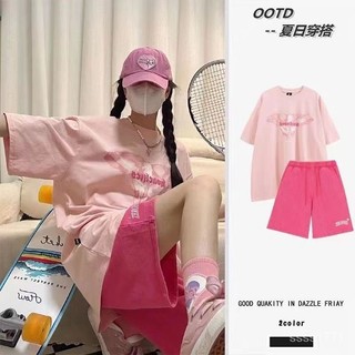 會琴服飾 多巴胺穿搭 多巴胺爆款夏季兩件套裝女 多巴胺學生短袖 T恤 上衣 運動五分短褲ins 學院運動風 粉色上衣