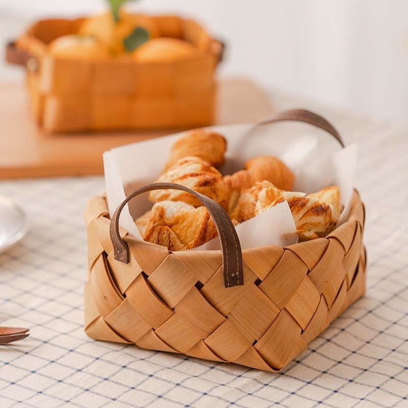 貝卡🏆日式收納木片編織籃 提手麵包草莓籃 收納筐 野餐果籃 聚會桌面置物籃