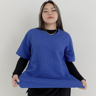 【PolyLulu】 MUA!率性重磅棋盤格長版TEE 中大尺碼上衣 寶藍色