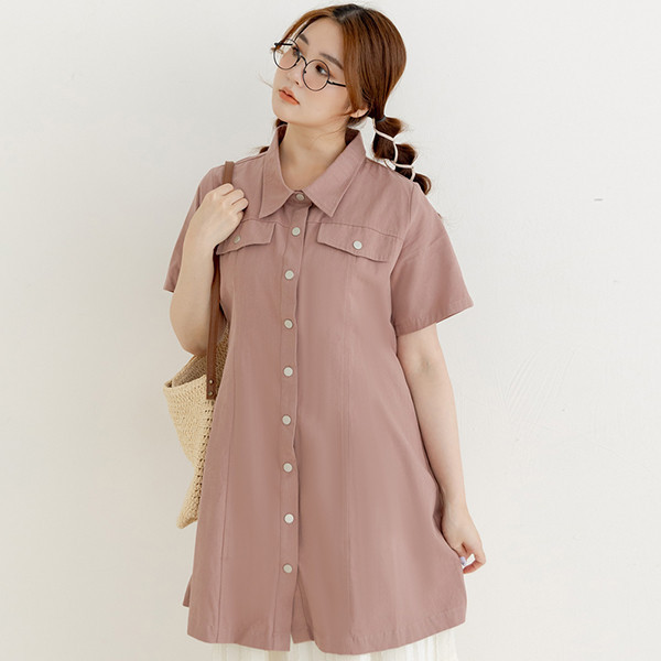 【PolyLulu】 MORI.工裝車線設計A字短袖洋裝 中大尺碼洋裝 霧粉色
