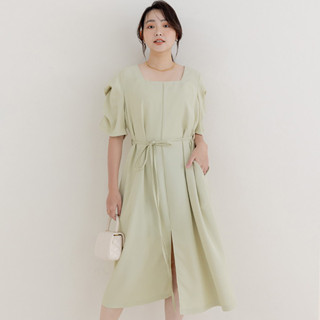 【PolyLulu】 MISS.氣質歐膩方領抓褶澎袖洋裝(附綁帶) 中大尺碼洋裝 奶綠色