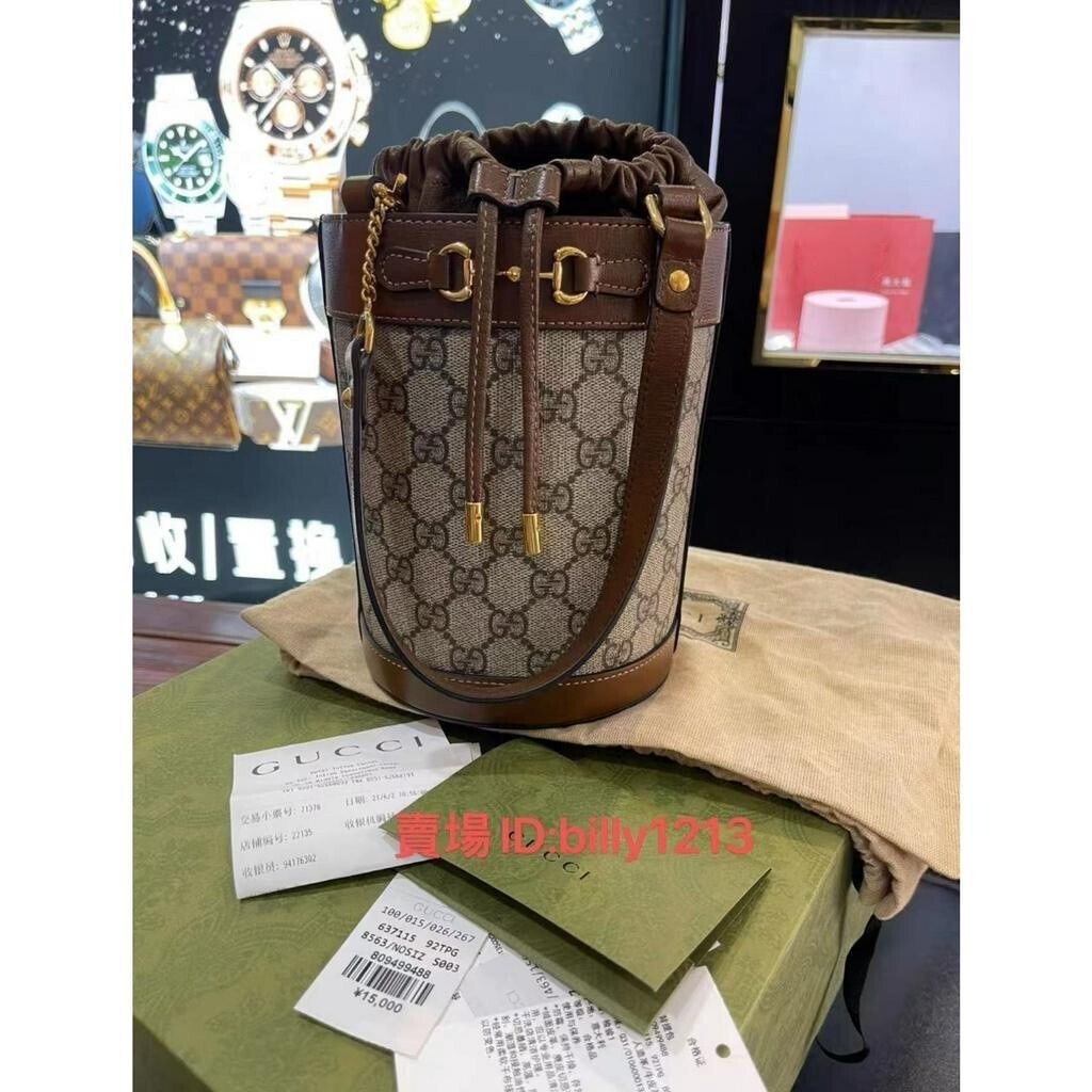 二手精品 Gucci 古馳女包2020新款1955 GG 637115印花抽繩小號 水桶包 手提包