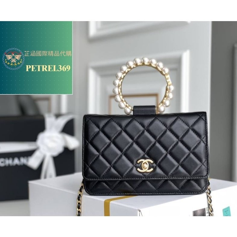二手精品 Chanel 香奈兒 2021新款 Woc 鏈條包 斜跨包 錢包 AP2272 羊皮 黑色 珍珠手柄 手提包