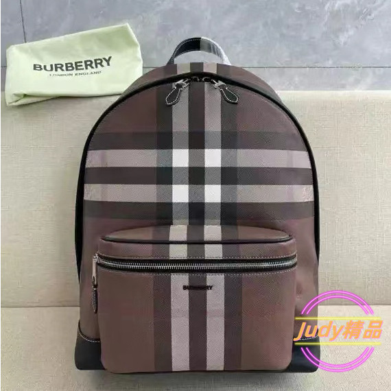 二手精品 博柏利 Burberry 立體黑字LOGO格紋PVC拉鍊後背包 環保格紋帆布後背包80365491