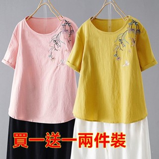 單/兩件純棉短袖t恤女寬松大碼新款女裝復古文藝刺繡民族風 大尺碼女裝 大尺碼上衣 短袖t恤 短袖上衣 氣質上衣 夏季女裝