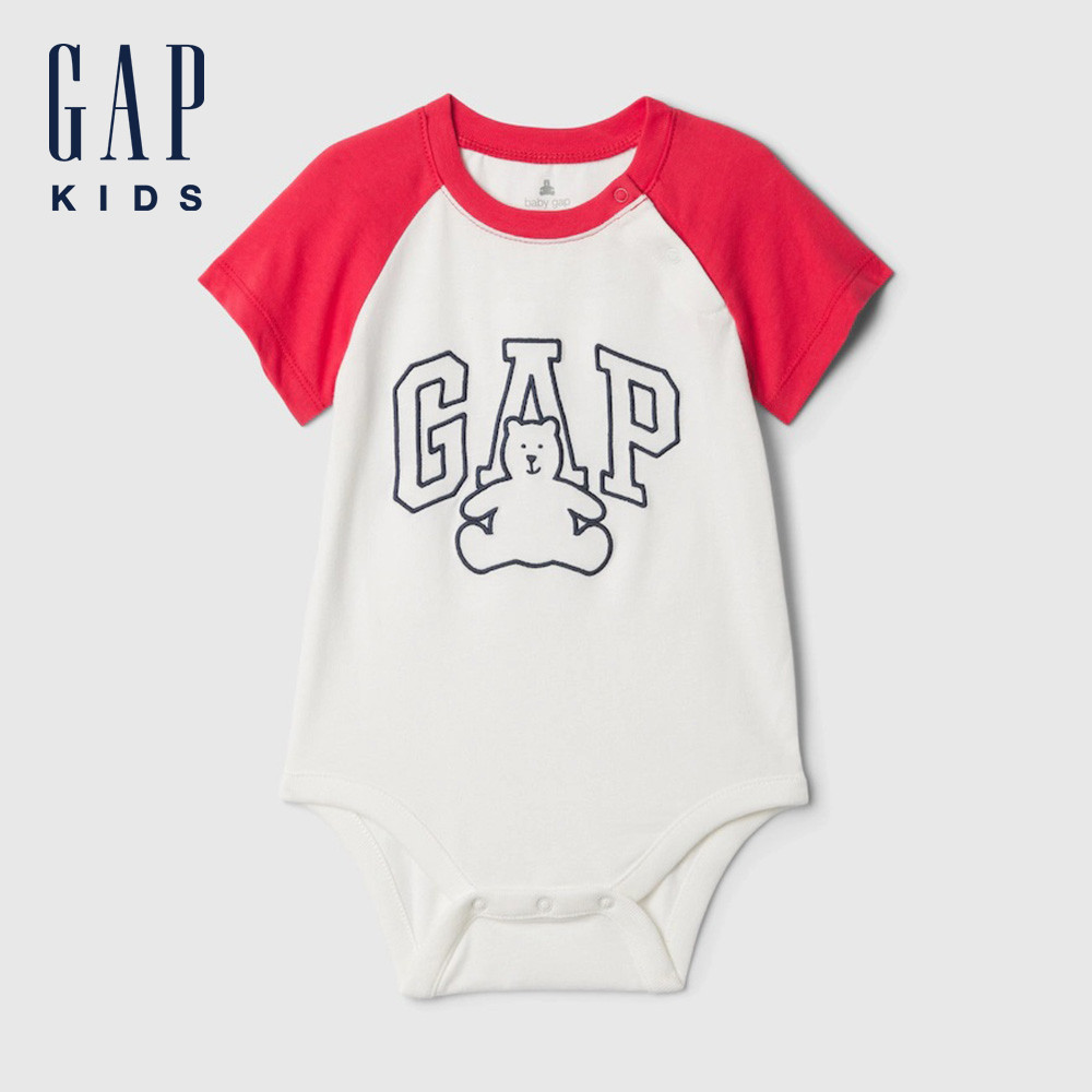 Gap 嬰兒裝 Logo純棉小熊印花圓領短袖包屁衣-紅白拼接(434527)