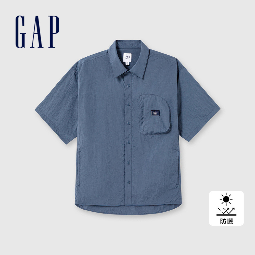 Gap 男裝 防曬翻領短袖襯衫-藍色(463127)