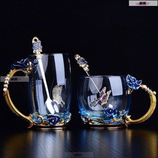 黛蒂·歐式琺瑯彩水杯 耐熱玻璃杯 咖啡泡茶杯子女 花茶杯 家用杯子 玫瑰水杯 創意情侶禮物
