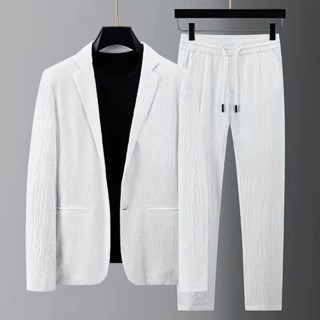 西裝套裝男輕薄款西服春夏小西裝時尚外套褶皺職業裝休閒西服套裝條紋正裝潮流西服三件套白色男士禮服顯瘦黑T恤