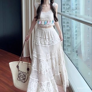 會琴服飾 度假甜辣風套裝女旅遊穿搭時尚民族風蕾絲鏤空背心上衣高腰長裙