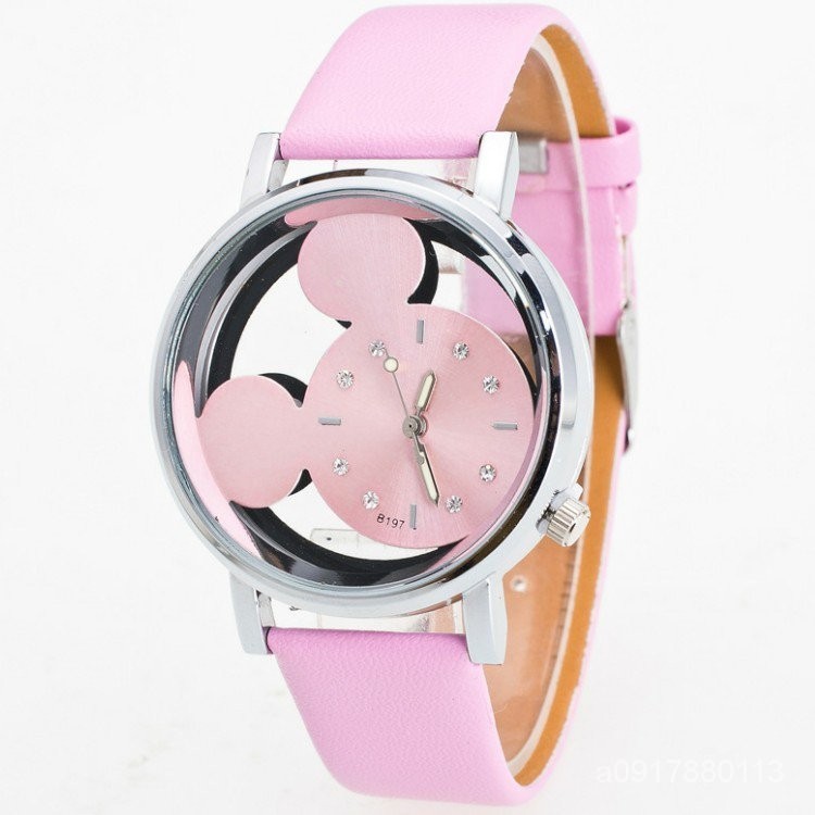 兒童手錶錶帶 通用款 🔥 時尚簡約雙麵鏤空米奇石英錶 學生可愛皮帶米老鼠兒童手錶