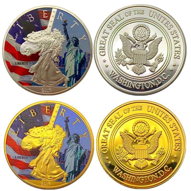 ✨世界各地紀念幣✨古硬幣收藏❤2017美國自由女神彩繪鍍銀紀念幣 收藏幣愛情金幣浮雕硬幣紀念章
