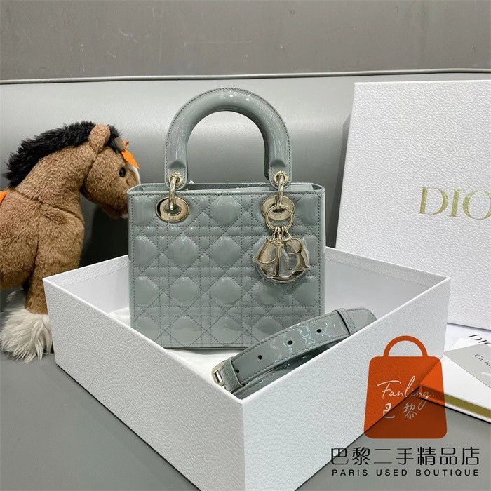 正品免運 DIOR 迪奧 LADY DIOR 巖石灰色 漆皮 金扣 小號 四格 戴妃包/斜背包/手提包/單肩包