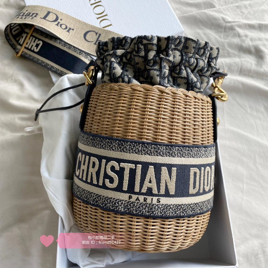 現貨二手 Dior 迪奧 WICKER 新款編織 水桶包 草編包 圓筒包 斜挎包 單肩包M7600CMVO 免運
