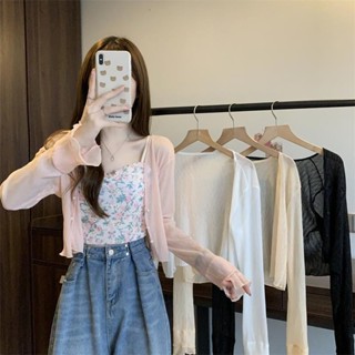 【Freka】韓版雙層袖透膚防曬披肩 小外套罩衫外套 短版罩衫上衣女 透氣薄外套 透膚襯衫罩衫 冰絲薄紗罩衫外套涼感外套