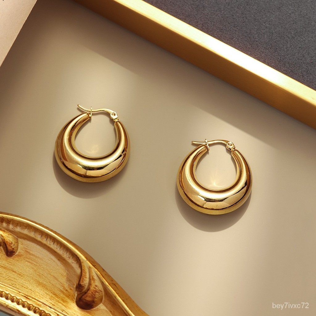 歐美跨境熱賣不銹鋼幾何實心光麵耳環時尚簡約高級感金色耳扣耳飾 3LV9