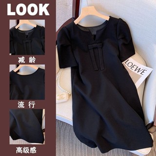 現大碼300斤赫本風連衣裙女夏季胖mm收腰顯瘦氣質蝴蝶結短袖a字裙子大尺碼 洋裝寬鬆顯瘦媽媽裝