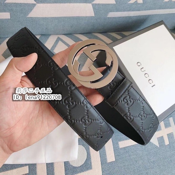 GUCCI 古馳 Signature 經典壓紋 雙G 印花紋 4公分 銀扣 腰帶 皮帶 411924