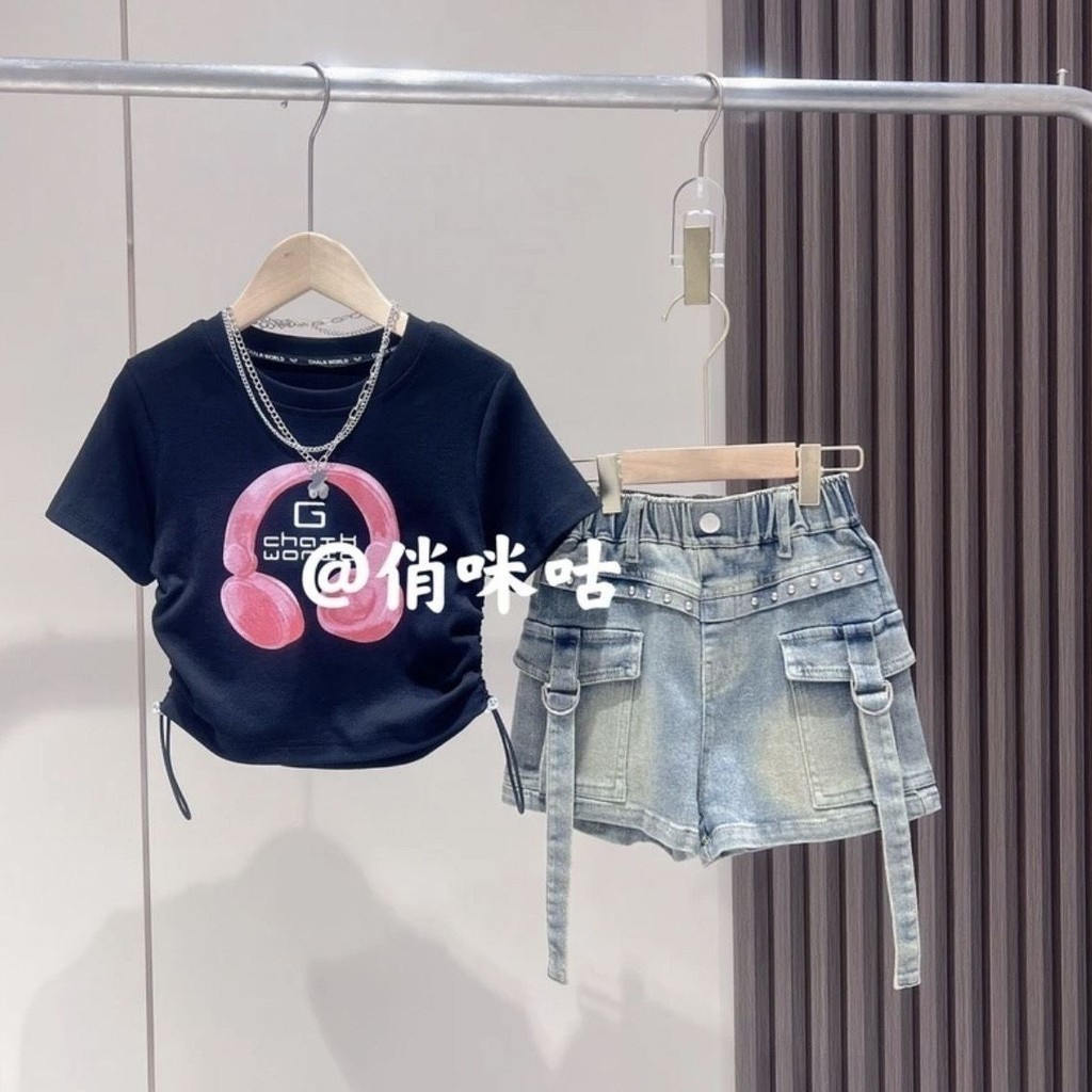 Yelly's~Shop女童夏季新款韓版套裝2024洋氣中大童時髦印花T恤牛仔短褲兩件套