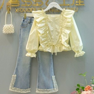Yelly's~Shop女童套裝2024春季新款女寶寶方領荷葉邊洋氣襯衣時髦牛仔褲兩件套