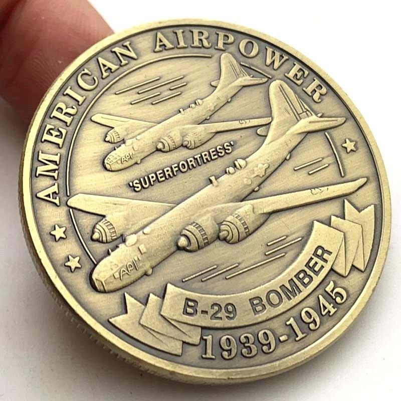 五臺山精品~美國B29轟炸機戰鬥機飛機鍍青古銅硬幣 空軍截擊機金幣紀念幣福運居