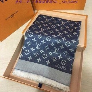 二手 Louis Vuitton LV Monogram Denim M71376 羊毛絲綢圍巾 披肩 深藍牛仔藍