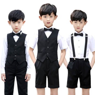 【臺灣出貨】兒童夏季西裝男孩小西服背帶褲馬甲襯衫套裝六一表演服花童晚禮服