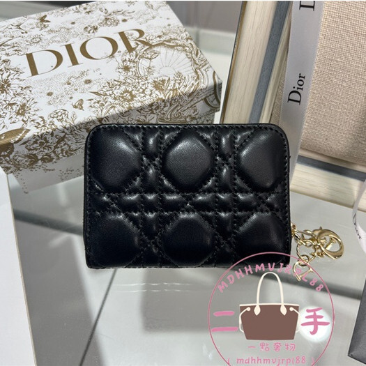 （二手98新）Dior 迪奧 LADY DIOR VOYAGEUR 黑色金扣拉鏈零錢包/皮夾/短夾