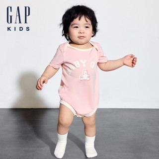 Gap 嬰兒裝 Logo純棉小熊印花圓領短袖包屁衣-粉色(505656)