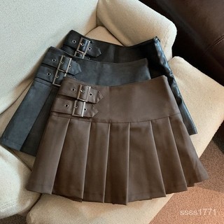 會琴服飾 咖色小皮裙女2024秋季新款高腰顯瘦a字百褶短裙時尚PU半身裙ins潮