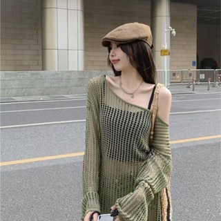 LW湯圓女裝-鏤空慵懶夏季針織衫女裝2024新款寬鬆罩衫長袖上衣防曬薄款/空調衫/防曬衣/罩衫/外套