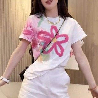 女生短袖t恤 純棉圓領短袖花朵印花上衣女寬松遮肉百搭休閑運動氣質時尚t恤 韓版大尺碼短袖 夏季短袖女
