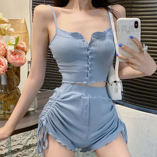 休閒時尚套裝女夏季性感露背吊帶背心上衣+高腰抽繩短褲子兩件套