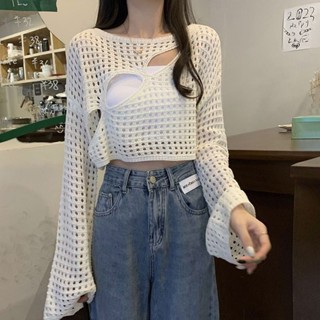 LW湯圓女裝-設計感編織鏤空長袖防曬罩衫外搭上衣春季小眾寬鬆短款針織衫/空調衫/防曬衣/罩衫/外套