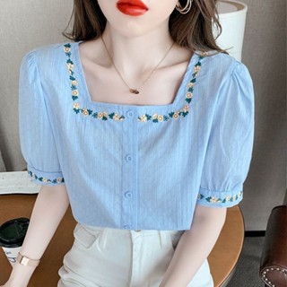 LW湯圓女裝-純棉刺繡短袖襯衫上衣女2024年夏寬鬆新款韓版寬鬆法式方領上衣潮/休閒上衣/寬鬆上衣/sy