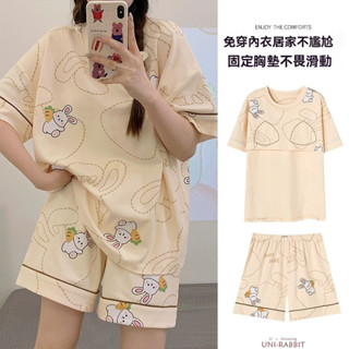 100%純棉睡衣 帶胸墊睡衣女 夏天睡衣 短袖睡衣 女生睡衣 可愛睡衣 卡通睡衣女 傢居服套裝 睡衣套裝 大碼睡衣