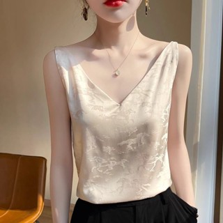 古風吊帶背心高檔小眾輕奢大碼純色提花女士夏季V領綢緞打底上衣 復古 中國風 民族風上衣 新中式背心 無袖背心 大碼背心