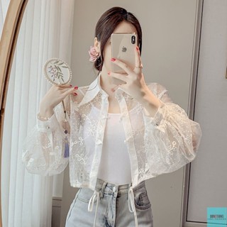 BINGTANG服飾 襯衫 襯衣 短款襯衫 新中式襯衫 新中式國風防曬衣襯衫女夏季薄款短外套改良唐裝盤扣白色上衣