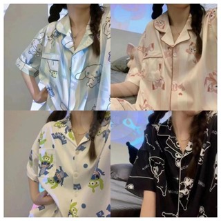 韓國緞面睡衣女短袖短褲冰絲睡衣夏季卡通可愛睡衣套裝蠟筆小新stellalou Kulomi