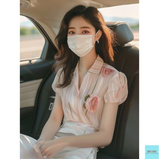 BINGTANG精選服飾 小清新穿搭 襯衫 襯衣 上衣 淡粉色條紋印花短袖襯衫新款女夏季多巴胺穿搭泡泡袖上衣