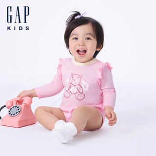 Gap 嬰兒裝 Logo純棉小熊印花圓領長袖包屁衣-粉色(643216)