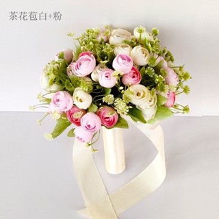 🌺超真~歐式浪漫手捧花 新款森係韓式雪花茶花苞模擬手捧花新娘結婚禮領證拍照花束成品 婚禮拍攝道具 假花【琳黛】