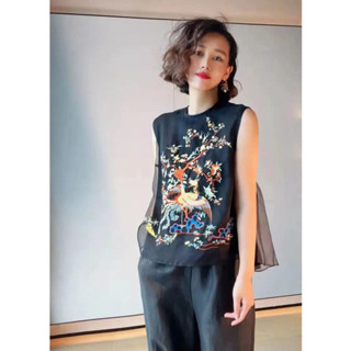 中國風背心女 新中式重工刺繡民族風小背心大碼女裝後背排扣A版無袖娃娃衫上衣 新中式上衣女 國風無袖小可愛吊帶無袖t恤女