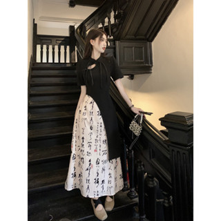 新中式穿搭 古風衣服 國風主題搭配洋裝 新中式不規則短袖T恤設計感國風半身長裙女夏季2024新款時尚旗袍