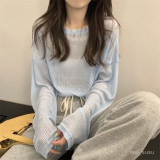 【限時特賣】 長袖上衣 長袖T恤 辣妹上衣 女生上衣 防曬衫長袖薄款少女簡約寬鬆T恤女夏季微透打底衫小眾別緻上衣潮